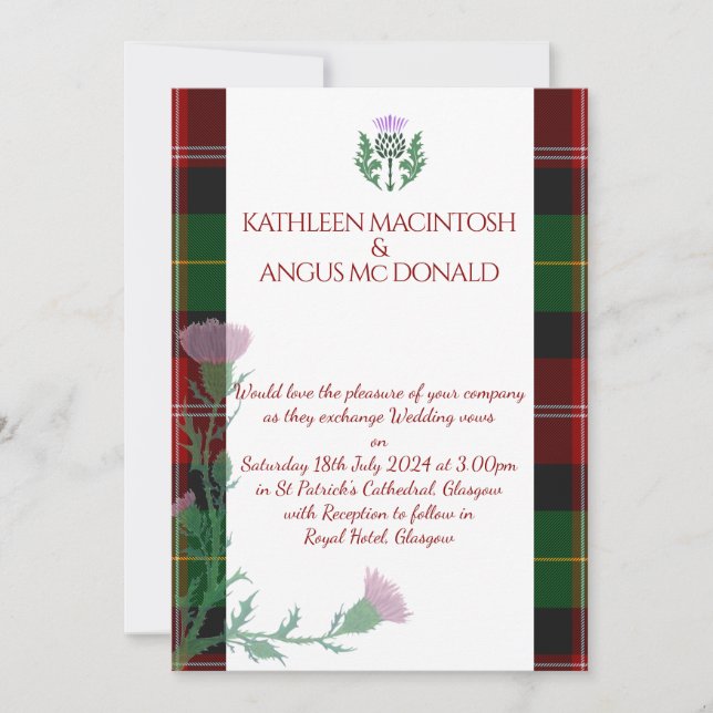 Traditional Scottish Tartan Border and Thistle Invitation (Front)