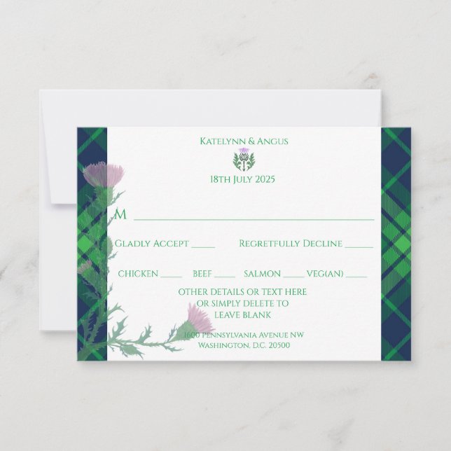Traditional Scottish Tartan Border & Thistle RSVP Card (Front)