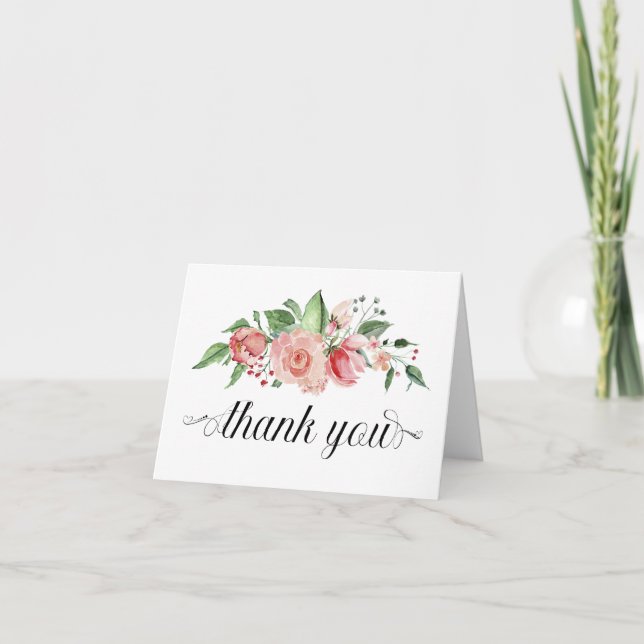 Traditional Script Thank You w Pink Rose Bouquet Card (Front)