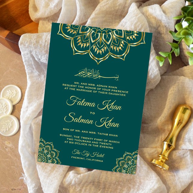 Traditional Sea Green Gold Motif Islamic Wedding Invitation (Creator Uploaded)