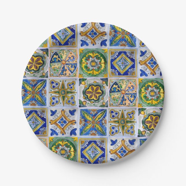 Traditional Sicilian Ceramic Tile pattern Paper Plate (Front)