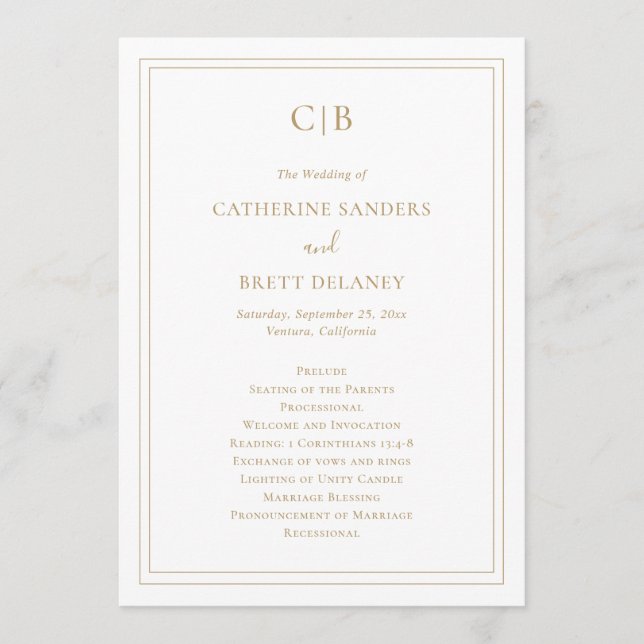 Traditional Simple Monogram Elegant Gold Wedding Programme (Front)