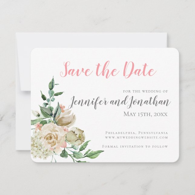 Traditional Simple White Rose Save the Date (Front)