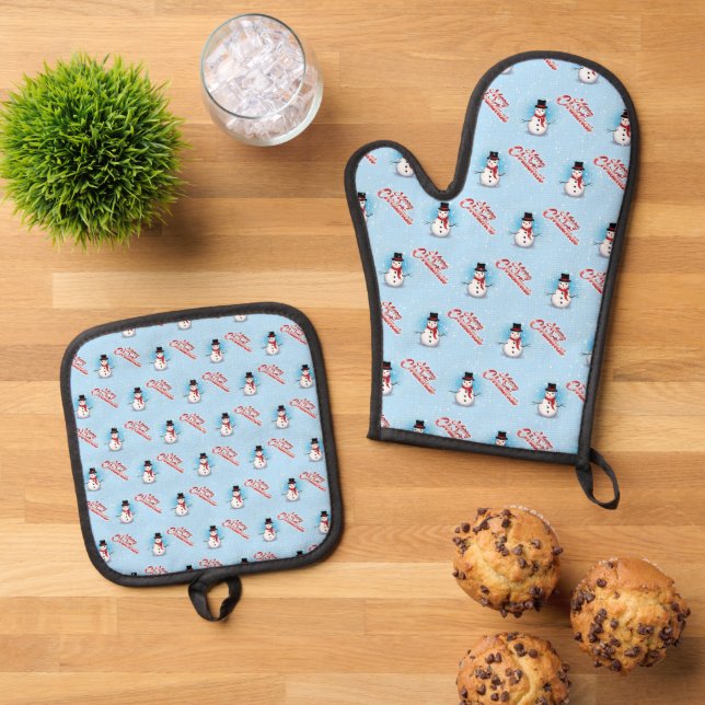 Traditional Snowman Christmas on LIGHT BLUE Oven Mitt & Pot Holder Set (Top Down)