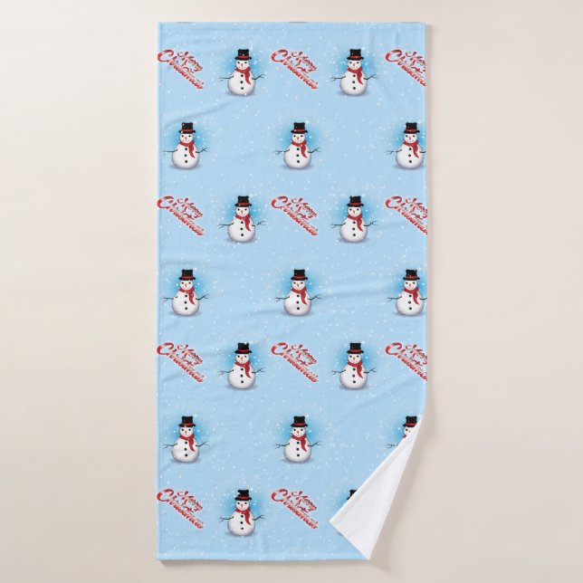 Traditional Snowman with Merry Christmas on BLUE Bath Towel (Bath Towel)