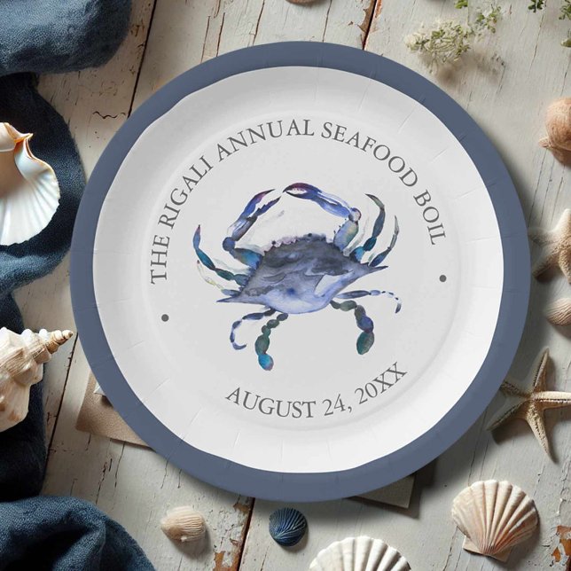Traditional Southern Crab Boil Paper Plate (Blue crab party theme paper plates for a low country boil watercolor by Victoria Grigaliunas)