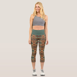Traditional Southwestern rustic teal & brown Capri Leggings