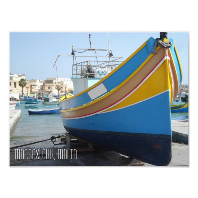 Traditional Striped Fishing Boat Marsaxlokk Malta Photo Print (Front)
