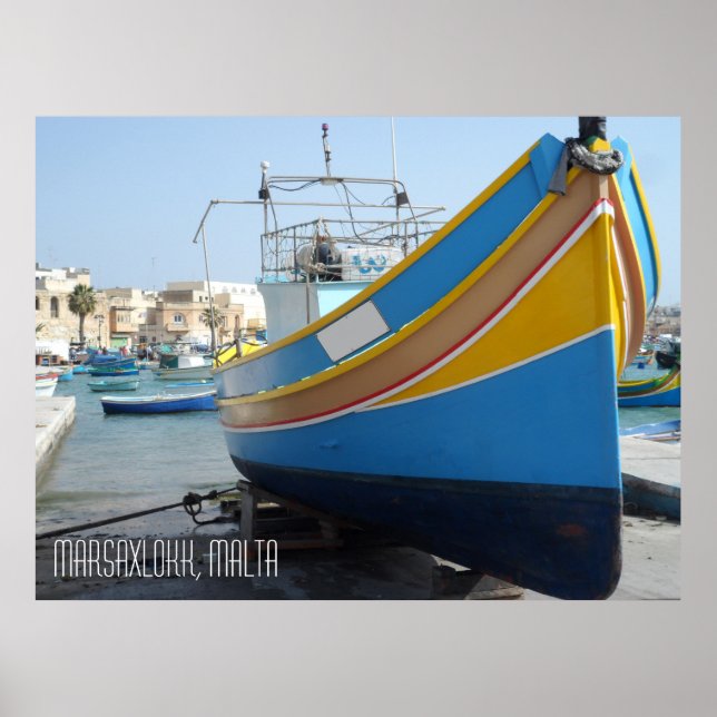 Traditional Striped Fishing Boat Marsaxlokk Malta Poster (Front)