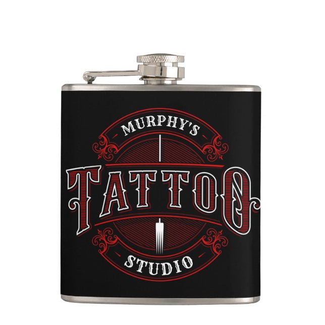Traditional Style ADD NAME Tattoo Studio Shop Hip Flask (Front)