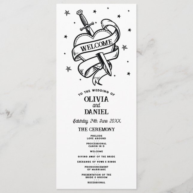 Traditional Tattoo Wedding Heart Ceremony Details Programme (Front)