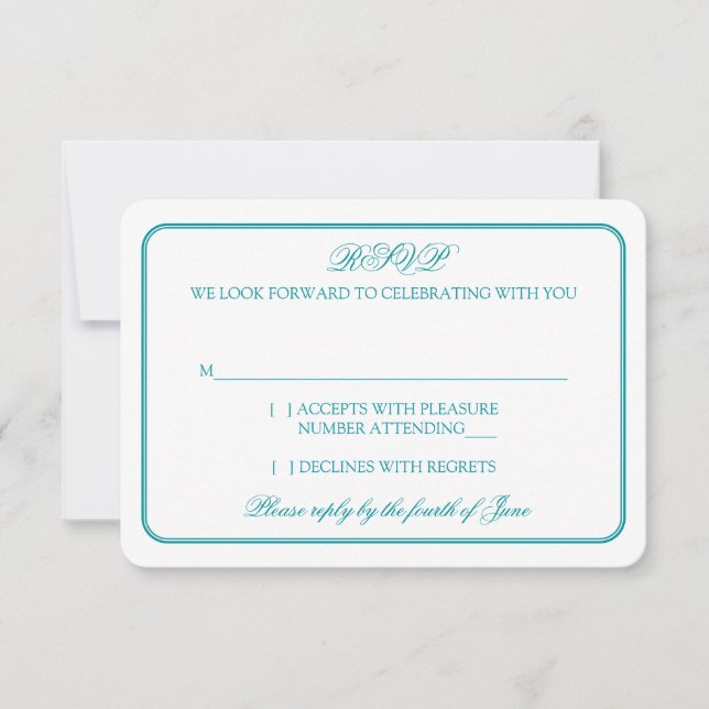 Traditional Teal and White Wedding RSVP Reply (Front)