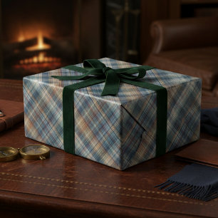 Traditional Teal Blue Beige Tan Taupe Brown Tartan Wrapping Paper