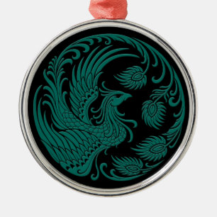 Traditional Teal Blue Phoenix Circle on Black Metal Tree Decoration