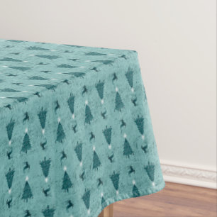 Traditional Teal Green Christmas Trees & Reindeer Tablecloth
