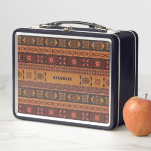 Traditional Terracotta Ethnic Tribal Boho Pattern Metal Lunch Box