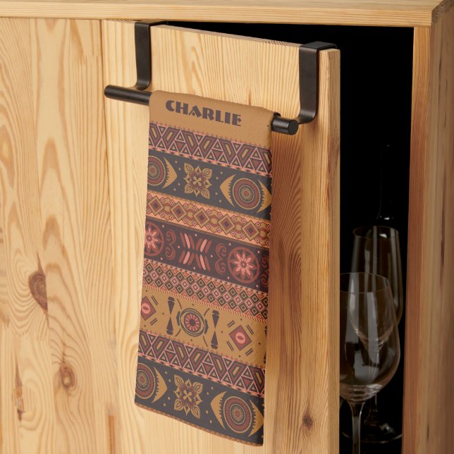 Traditional Terracotta Ethnic Tribal Boho Pattern Tea Towel (Thirds Fold)