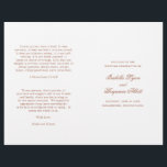 Traditional Terracotta Formal Wedding Program<br><div class="desc">Classic style folded Wedding Program in terracotta with accent words in an elegant calligraphy typography. The front has your event details, the inside has your wedding party and order of ceremony. The back has a template for your message / quotes. All text is burnt orange / rust over a white...</div>