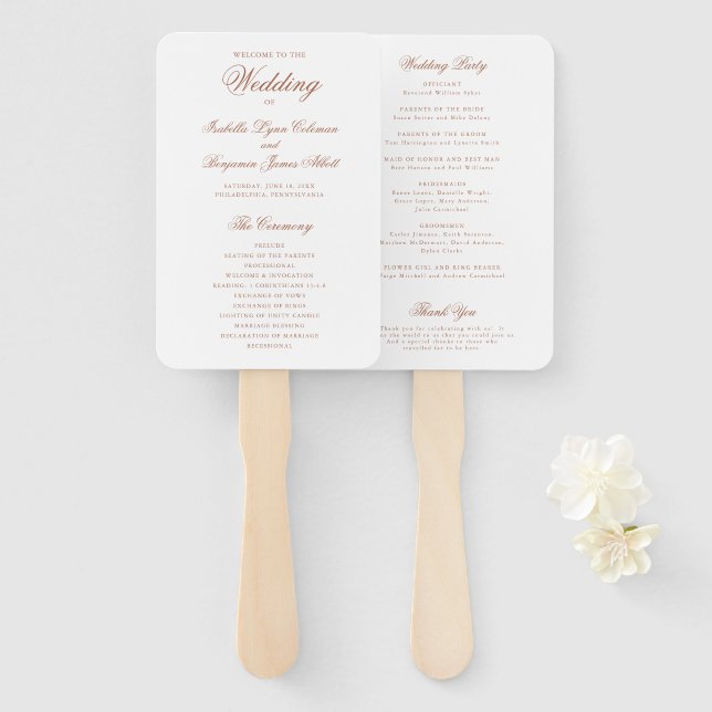 Traditional Terracotta Formal Wedding Program Hand Fan (Front and Back)