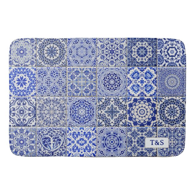 Traditional Tiled Look for Couples Blue & White Bath Mat (Front)