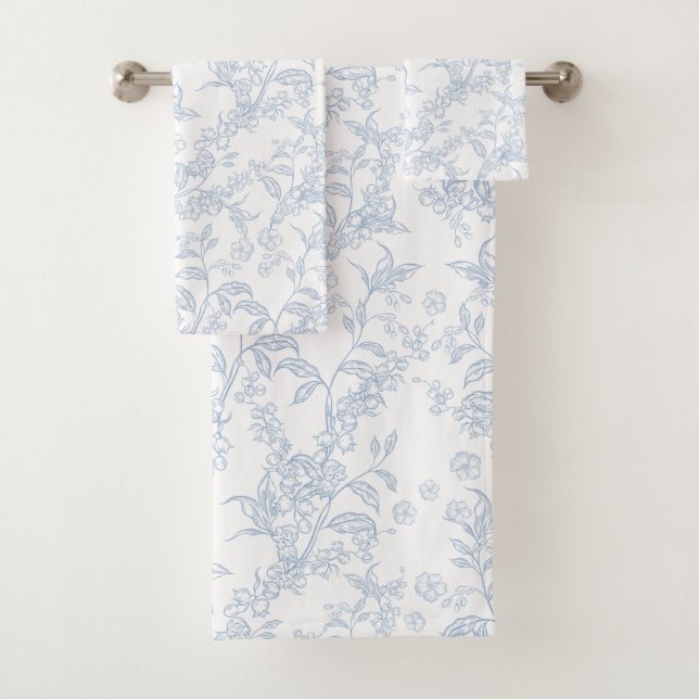 Traditional Toile-De-Jouy Chinoiserie Pattern  Bath Towel Set (Insitu)