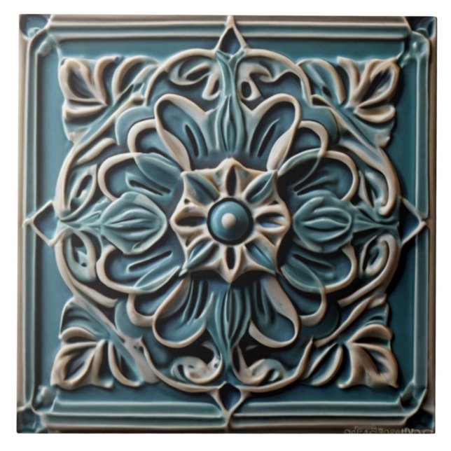 Traditional Turquoise Teal Faux Relief Flower Tile (Front)