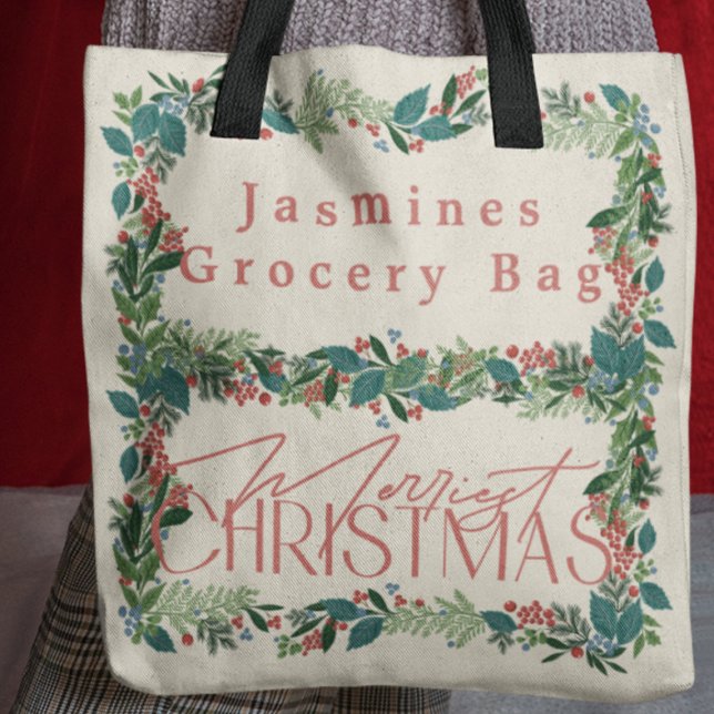 Traditional Unique Custom Text Botanical Christmas Tote Bag (Creator Uploaded)