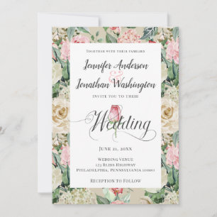 Traditional Victorian Rose Floral Cream Wedding Announcement