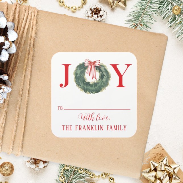 Traditional Watercolor Christmas Wreath Joy Square Sticker (Creator Uploaded)