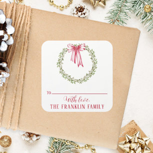 Traditional Watercolor Christmas Wreath To & From Square Sticker