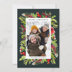Traditional watercolor floral + foliage christmas holiday card