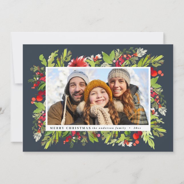 Traditional watercolor floral + foliage christmas holiday card (Front)