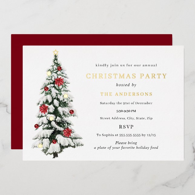 Traditional Watercolor Tree Christmas Party Gold (Front/Back)