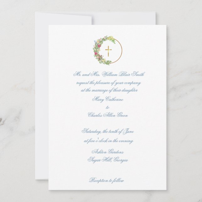 Traditional Wedding Invitation, Floral with Cross Invitation (Front)