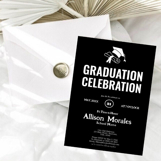 Traditional White Black Simple Classic Graduation Invitation (Creator Uploaded)