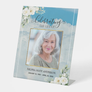 Traditional White Blue Floral Celebration of Life Pedestal Sign