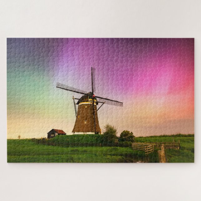 Traditional windmill under the Northern Lights Jigsaw Puzzle (Horizontal)