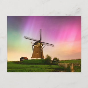 Traditional windmill under the Northern Lights Postcard