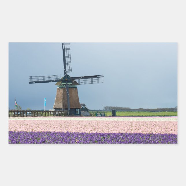 Traditional windmill with pink and purple flowers rectangular sticker (Front)