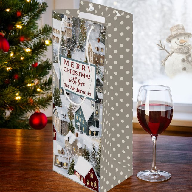 Traditional Winter Christmas  Wine Gift Bag (Christmas gift bag featuring a snow covered city with pine trees on a classic polka dot pattern)
