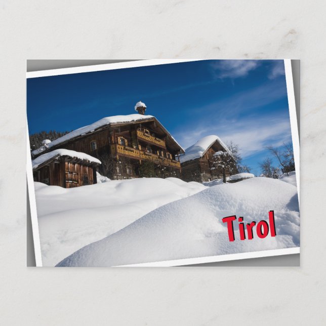 Traditional wooden cabins in de snow in Tirol Postcard (Front)