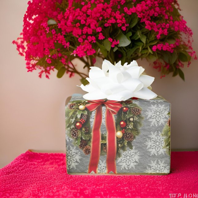Traditional Wreaths Red Bow on Steel Grey Wrapping Paper (Creator Uploaded)