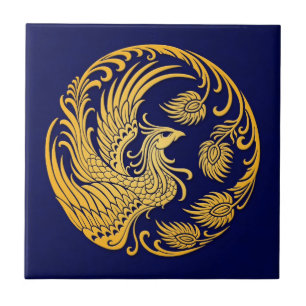 Traditional Yellow Phoenix Circle on Blue Tile