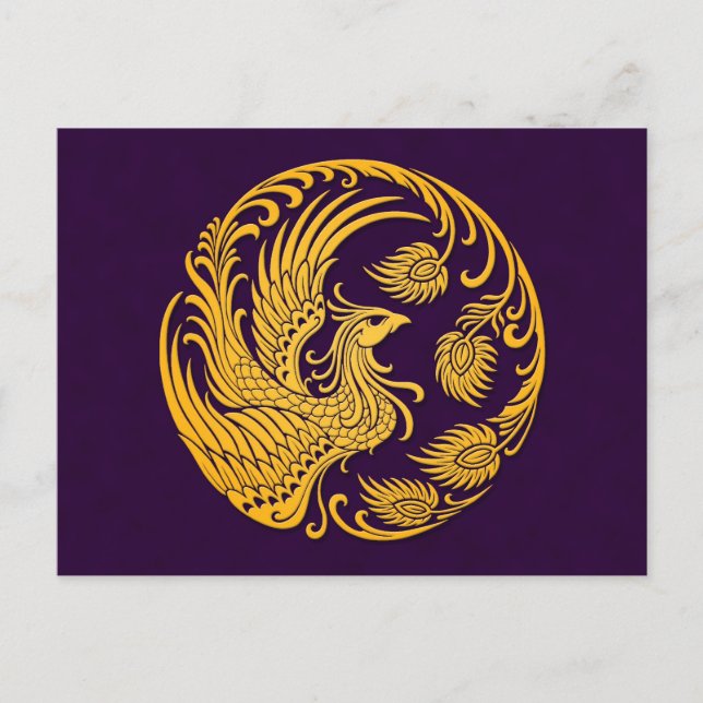 Traditional Yellow Phoenix Circle on Purple Postcard (Front)