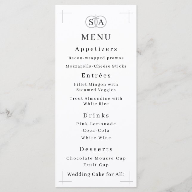 Tradtional Cross & Rings Monogrammed Wedding Menu (Front)