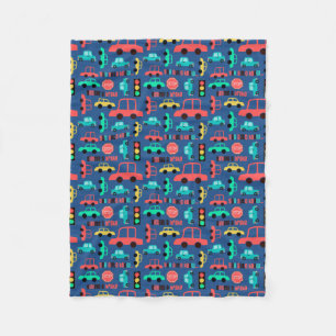 Traffic Cars Pattern on Blue Fleece Blanket