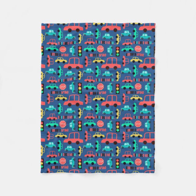 Traffic Cars Pattern on Blue Fleece Blanket (Front)
