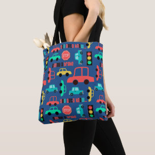 Traffic Cars Pattern on Blue Tote Bag