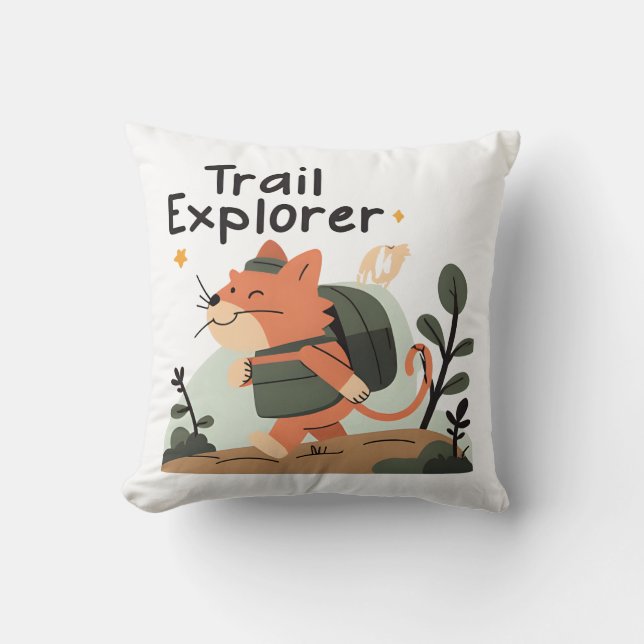 Trail Explorer Cat – Decorative Throw Pillow (Front)