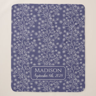Trailing Floral Name Birth Date Navy Blue Baby Sherpa Blanket